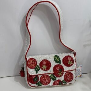 Viral beaded bag tomatoes Elegant White and Red Embroidered Shoulder Bag